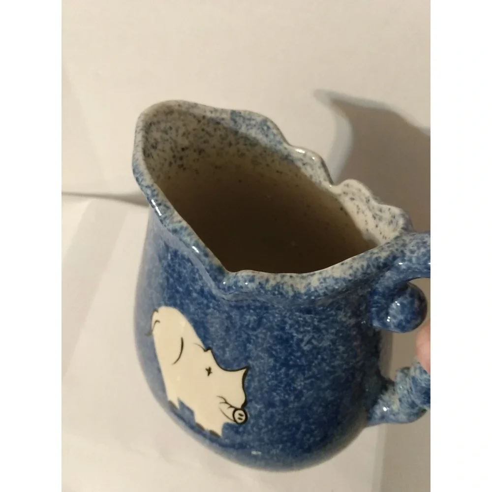 Blue Spongeware Calico China Pitcher with Pig Speckled Country Farmhouse decor